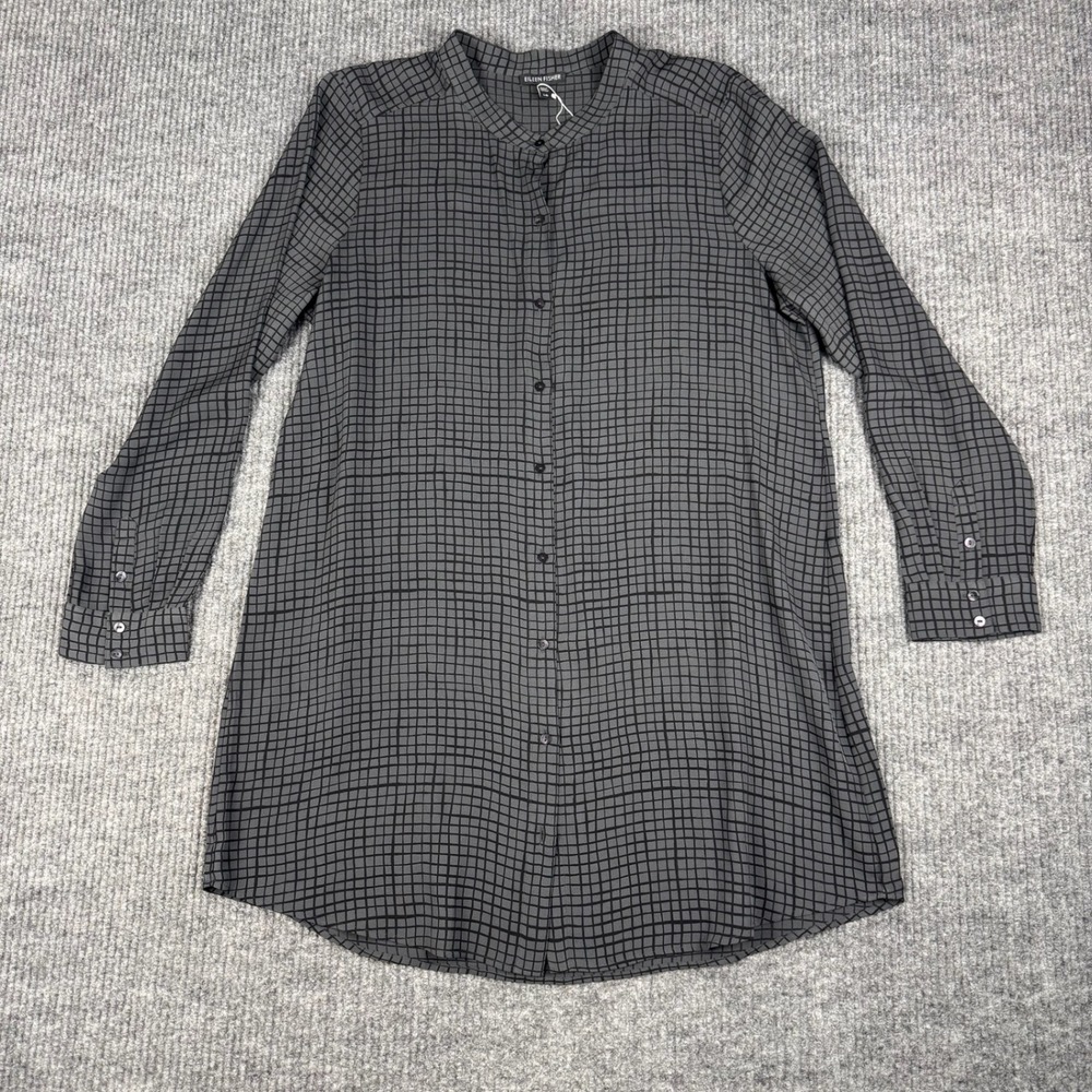 Eileen Fisher Silk Tunic Womens L Gray Black Windowpane Button Front Long Shirt